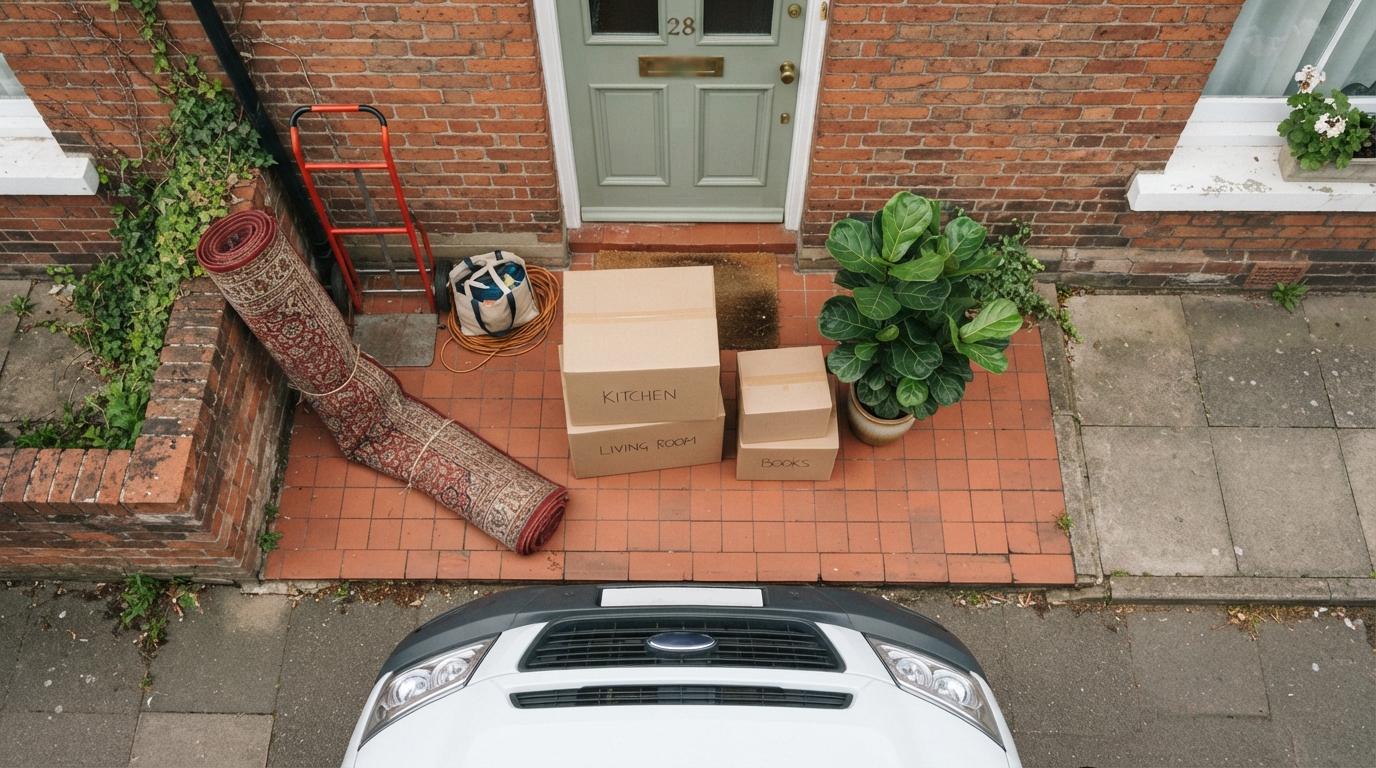 Man and van in Watford, labelled boxes and a rolled rug on the doorstep of a brick terrace with the van pulled up outside
